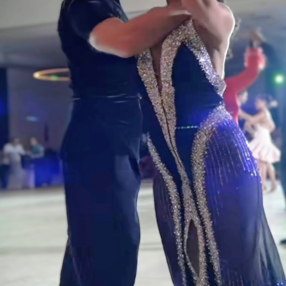 Stunning Black and Silver Backless Latin Ballroom Competiton Dress